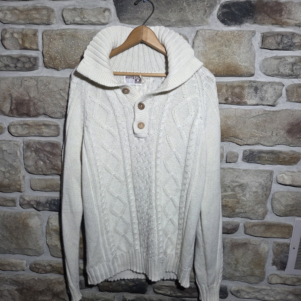 Vtg 70s Montgomery Ward Cable Knit Sweater Mens XL Cream Ivory Button Neck 80s
